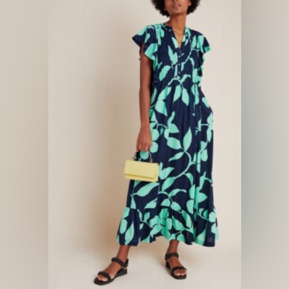 Anthropologie Navy Maxi Dress with Aqua Leaf Print